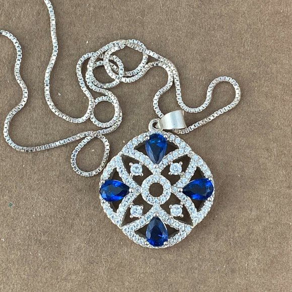 Art Deco retro Blue Sapphire & CZ's 925 Silvwer Pendant - Picture 3 of 4